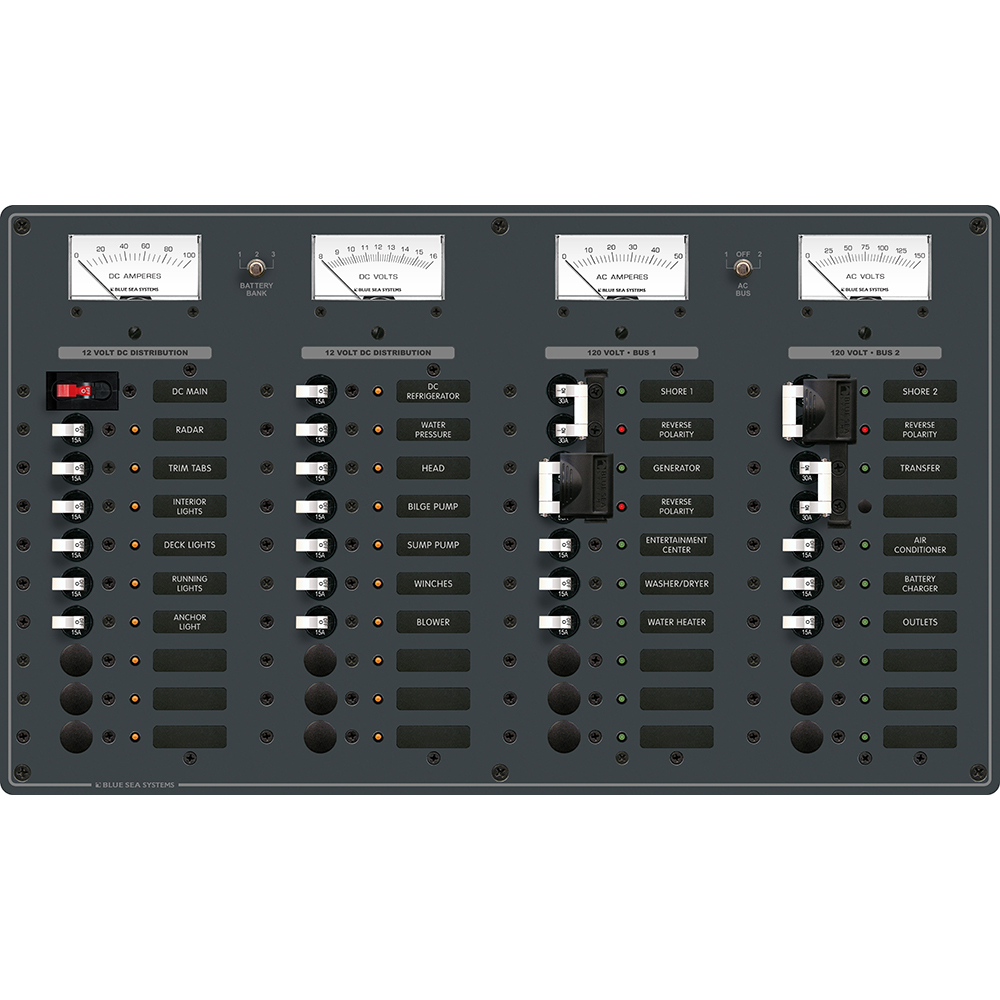 Blue Sea Systems 8086 AC 3 Sources +12 Positions/DC Main +19 Position Toggle Circuit Breaker Panel - White Switches 1 Blue Sea Systems 8086 AC 3 Sources +12 Positions/DC Main +19 Position Toggle Circuit Breaker Panel - White Switches