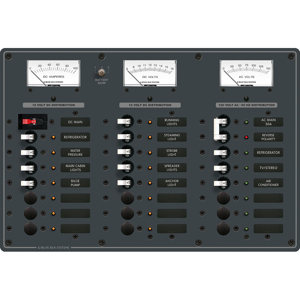 Blue Sea Systems 8084 AC Main +6 Positions/DC Main +15 Positions Toggle Circuit Breaker Panel - White Switches 1 Blue Sea Systems 8084 AC Main +6 Positions/DC Main +15 Positions Toggle Circuit Breaker Panel - White Switches