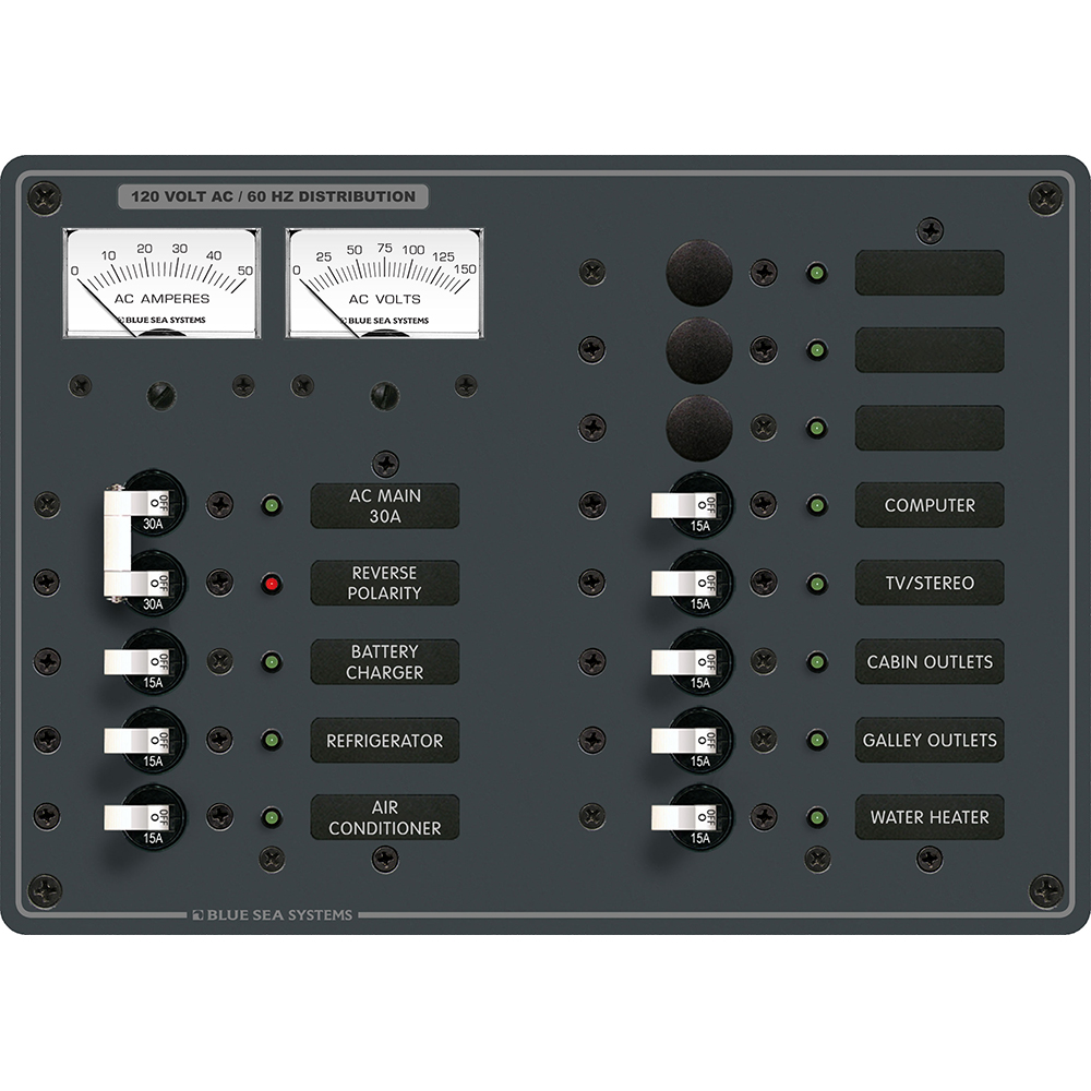 Blue Sea Systems 8076 AC Main +11 Positions Toggle Circuit Breaker Panel - White Switches 1 Blue Sea Systems 8076 AC Main +11 Positions Toggle Circuit Breaker Panel - White Switches