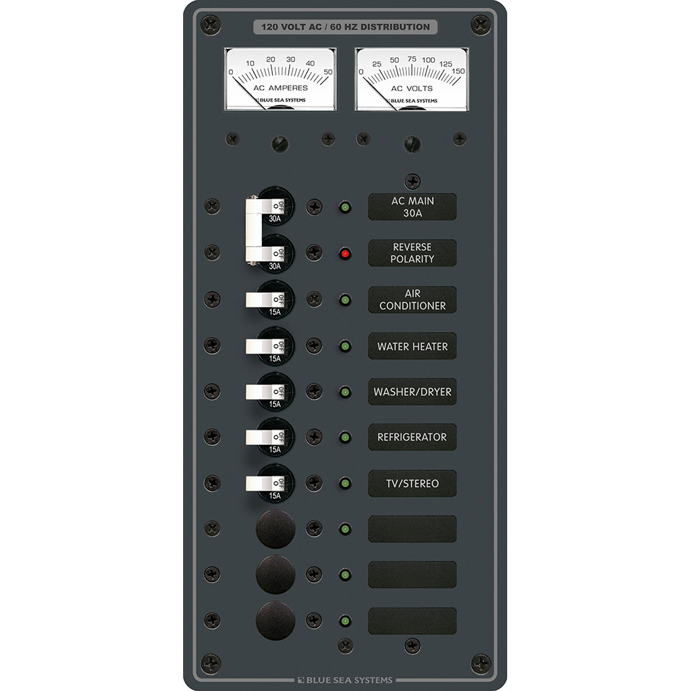 Blue Sea Systems 8074 AC Main +8 Positions Toggle Circuit Breaker Panel - White Switches 1 Blue Sea Systems 8074 AC Main +8 Positions Toggle Circuit Breaker Panel - White Switches