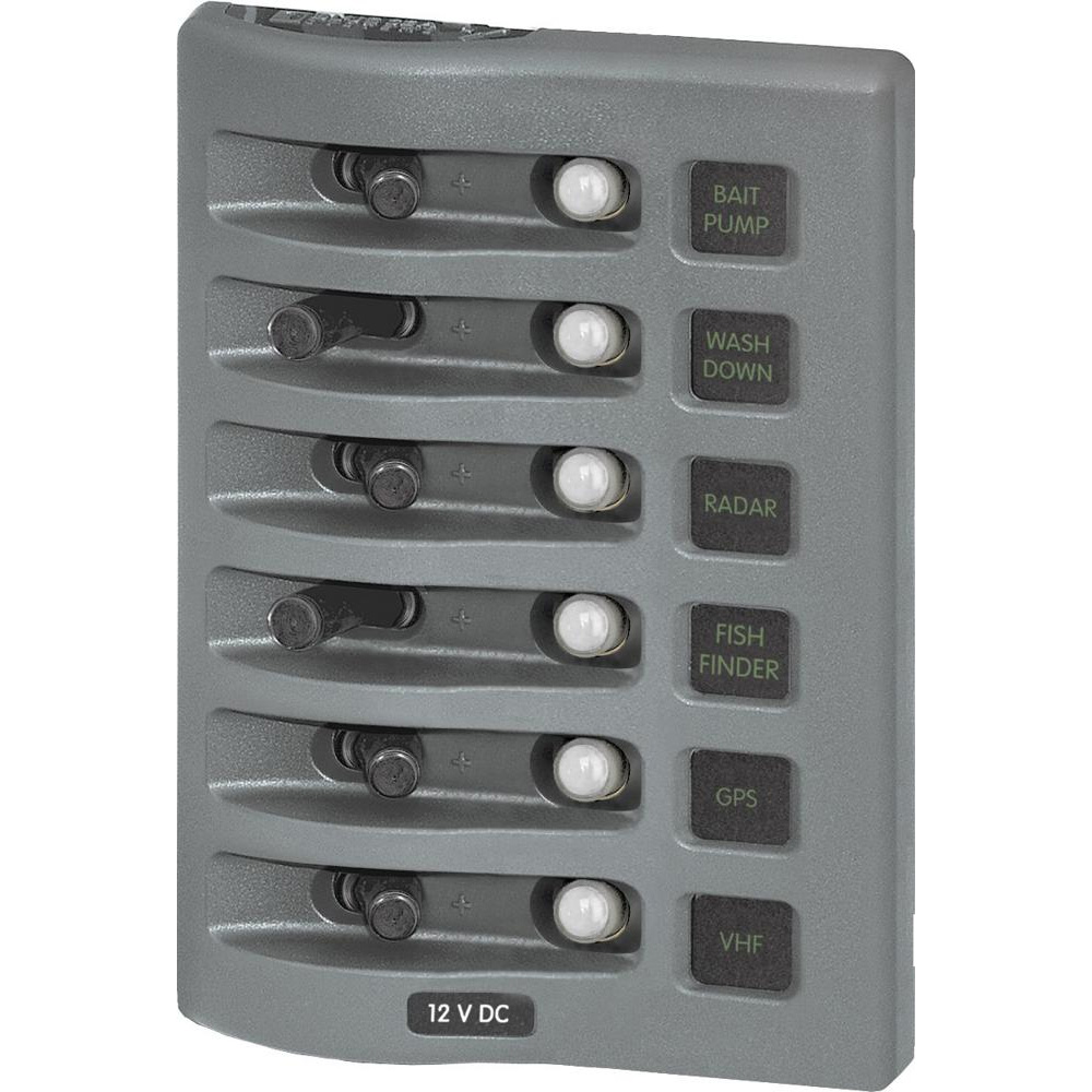 Blue Sea Systems 4376 WeatherDeck Water Resistant Circuit Breaker Panel - 6 Position - Grey 1 Blue Sea Systems 4376 WeatherDeck Water Resistant Circuit Breaker Panel - 6 Position - Grey